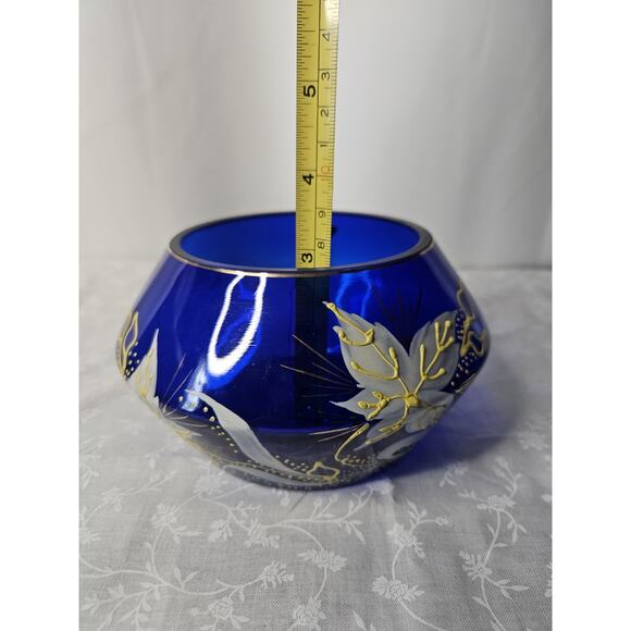 Bohemian Art Glass Short Vase in Cobalt Blue with Enameled Flowers & Gold Detail - Picture 7 of 10